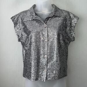Vintage Erena Size Medium Large Y2K Silver Sparkle Disco Metallic Party Rave Top